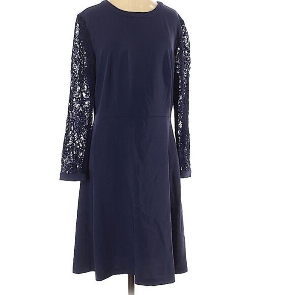 Loft navy lace sleeve fit and flare dress - Picture 2 of 7
